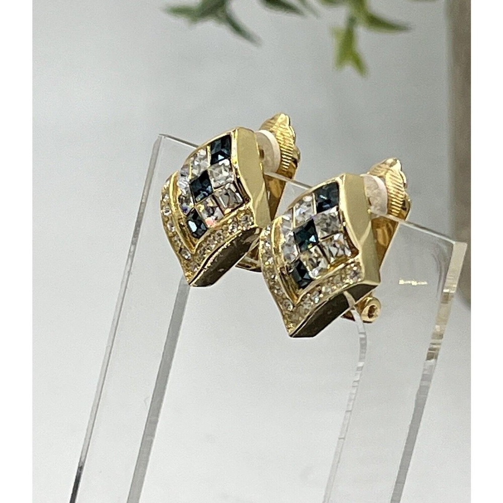 Christian Dior Vintage Gold Plated Diamond Shaped Blue Stone Clip On Earrings - Picture 4 of 10